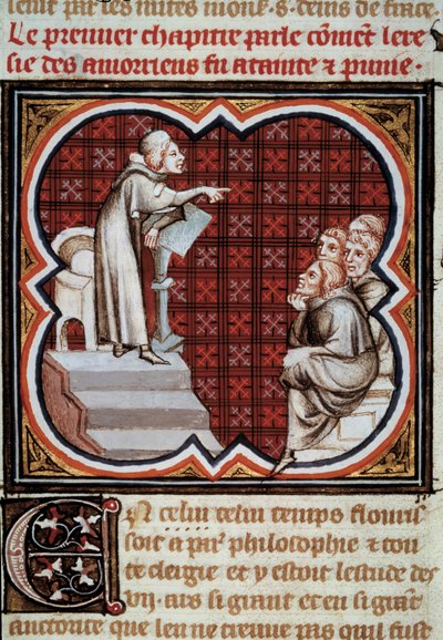 الفيلسوف واللاهوتي الفرنسي Amaury de Chartres (أو Amaury de Bene أو Amalricus de Bene) (توفي عام 1209) أمام تلاميذه (الأموريين). صورة مصغرة من Les Grandes Chronicles de France "" أضاءها جان فوكيه (1420-1481) بواسطة جان فوكيه