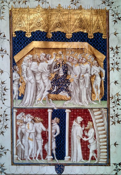 تتويج شارل السادس (1368-1422) من قبل أقران فرنسا في 16/09/1380. صورة مصغرة من Grandes Chronicles de France "" لجين فوكيه (1420-1481) القرن الخامس عشر ، باريس ، بنسلفانيا بواسطة جان فوكيه