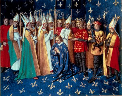 تتويج فيليب أوغست في ريمس في 1/11/1179. صورة مصغرة من سجلات القديس دينيس "" لجان فوكيه (1420-1481) من القرن الخامس عشر. باريس ، BN بواسطة جان فوكيه