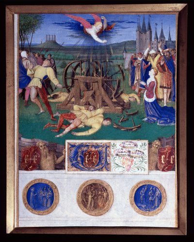 استشهاد كاثرين منمنمة الإسكندرية مأخوذة من "كتاب ساعات إتيان شوفالييه" لجان فوكيه (1420-1477 / 1481) بواسطة جان فوكيه