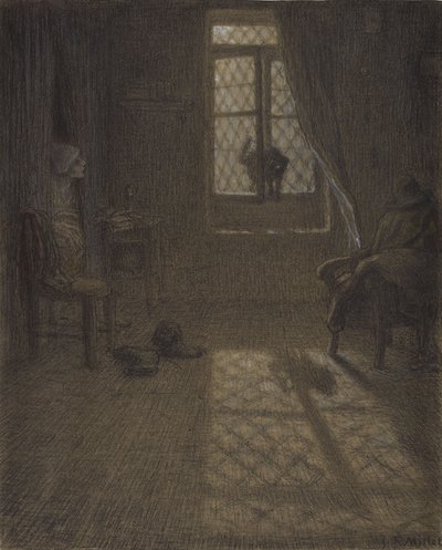 Le chat أو The Cat at the Window ، 1857-58 (conté crayon and pastel with stumping and blending، fixed on woven paper) بواسطة جان فرانسوا ميلت