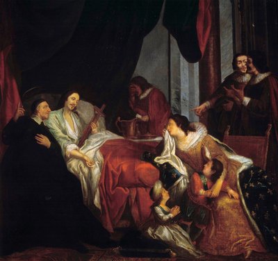 سانت فنسنت دي بول (1581-1660) أمام فراش وفاة الملك لويس الثالث عشر لوحة رسمها جان فرانسوا دي تروي (1679-1752) باريس القرن السابع عشر. البعثات اللازارية بواسطة جان فرانسوا دي تروي