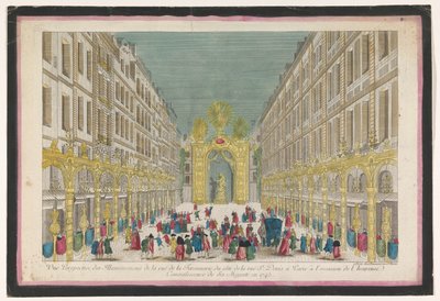 منظر لزخرفة شارع Rue de la Feronnerie في باريس بمناسبة ترميم لويس الخامس عشر ملك فرنسا عام 1745 منظور Vue des Illuminations de la Ruë de la Feronnerie du côté de la Ru St. Denis a Paris (...) (العنوان on o بواسطة جان فرانسوا دومون