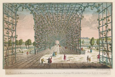 Gezicht op de loofgang van de tuin van de Governor te Pondicherry عرض منظور للمهد الرائع الموجود في حدائق الحاكم في بونديشيري ، وهي مدينة في جزر الهند الشرقية على ساحل كورومانديل (العنوان على الكائن) بواسطة جان فرانسوا دومون