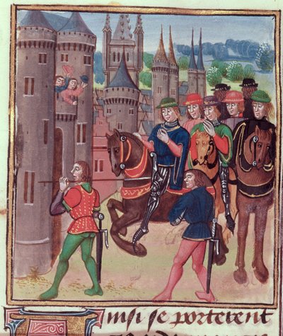 Roy 18 E II f.390 Henry Bolingbroke (Henry IV) يدخل لندن ، أُعدم لإدوارد الرابع ، من المجلد الرابع (يغطي الفترة من 1389 إلى 1400) ، بواسطة جيهان فرويسارت ، 1460-80 بواسطة جان Froissart