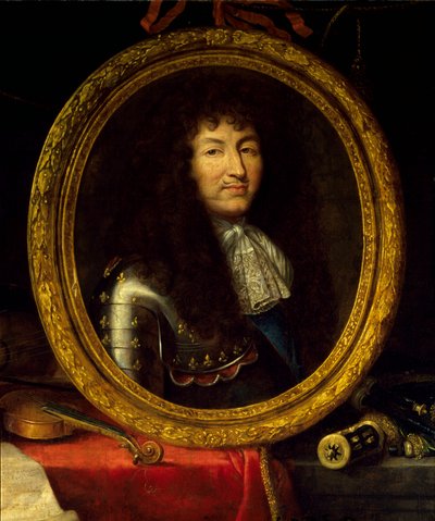 صورة لويس الرابع عشر ملك فرنسا (1638-1715) ، حامي الفنون والعلوم. صورة الملك محاطة بآلات موسيقية (فيولا دي غامبا ، غيتار كمان) وآلات علمية (مربعة ، كرة سماوية ، كومباس). التفاصيل. الطلاء بواسطة بواسطة جان غارنييه
