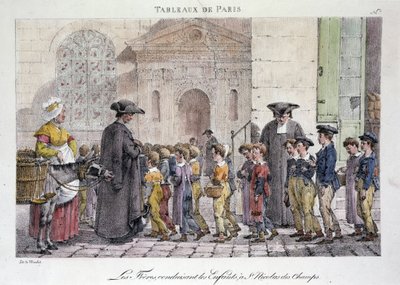 مهنة الشارع القديمة في باريس: ليه فرير يقود الأطفال إلى سانت نيكولا دي تشامب (Saint-Nicolas-des-Champs) ، المدرسة الكاثوليكية - نقش جان هنري مارليت (1771-1847) في سلسلة "Les Tableaux de Paris" من 72 مطبوعة ، أواخر القرن التاسع عشر بواسطة جان هنري مارليت