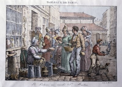 المهنة القديمة في شوارع باريس: La laitiere du marche Saint Martin (Saint-Martin) - نقش بواسطة Jean Henry Marlet (1771-1847) في "" Les Tableaux de Paris "، سلسلة من 72 مطبوعة ، نهاية القرن التاسع عشر بواسطة جان هنري مارليت