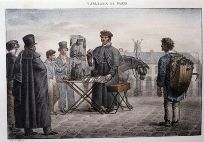 متر شوارع سابق في باريس: تاجر موت الفئران (كاميلوت). نقش جان هنري مارليت (1771-1847) في "" Les Tableaux de Paris "، سلسلة من 72 مطبوعة ، أواخر القرن التاسع عشر. بواسطة جان هنري مارليت