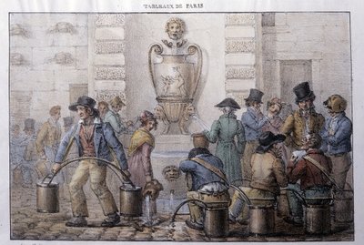 مترو شوارع باريس سابقًا: حاملة مياه أمام نافورة. نقش جان هنري مارليت (1771-1847) في "" Les Tableaux de Paris "، سلسلة من 72 مطبوعة ، أواخر القرن التاسع عشر. بواسطة جان هنري مارليت