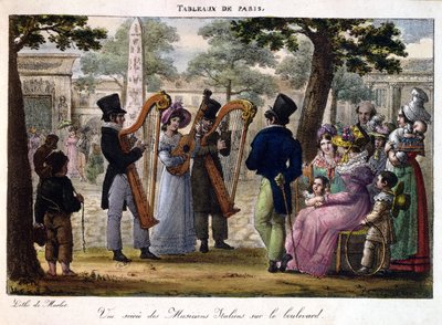 الموسيقيون الإيطاليون يؤدون في شارع في باريس ، من "Tableaux de Paris" ، c.1820 بواسطة جان هنري مارليت