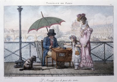 مشهد الشارع القديم في باريس: شحاذ أعمى على جسر الفنون. نقش جان هنري مارليت (1771-1847) في "" Les Tableaux de Paris "، سلسلة من 72 مطبوعة ، أواخر القرن التاسع عشر. بواسطة جان هنري مارليت