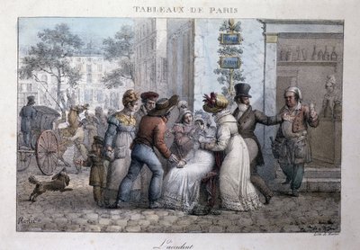 مشهد قديم من الشارع في باريس: الحادث (امرأة يساندها المارة). نقش جان هنري مارليت (1771-1847) في "" Les Tableaux de Paris "، سلسلة من 72 مطبوعة ، أواخر القرن التاسع عشر. بواسطة جان هنري مارليت