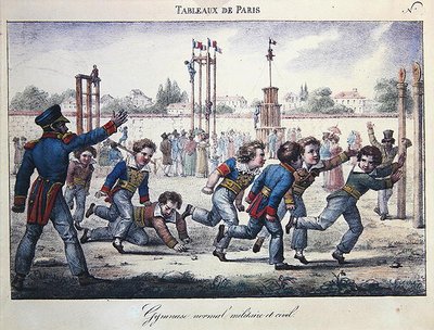 تدريب الرياضة والجمباز للأولاد ، مشهد من سلسلة "Tableaux de Paris" ، حوالي 1820 (لون ليثو) بواسطة جان هنري مارليت
