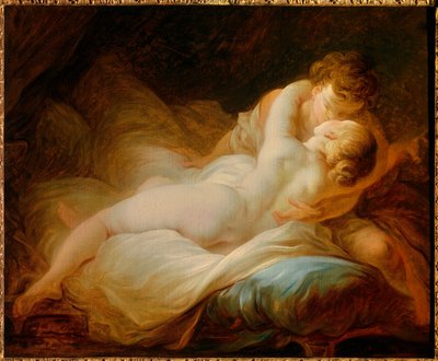 Erotica: “” the moment desire””” or “” happy lovers””” A couple kissing in a bed. Painting by Jean Honore Fragonard (1732-1806) 18th century. Private collection بواسطة جان هونوري فراجونارد