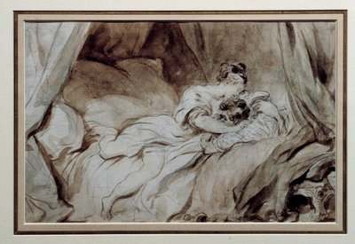 The happy moment A couple stroking each other in a bed. Drawing in the Bistre Wash by Jean Honore Fragonard (1732-1806) 18th century Private Collection بواسطة جان هونوري فراجونارد