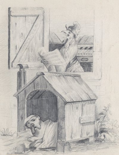 كلب في بيت الكلب ، يغني الديك في النافذة ، كاليفورنيا. 1842. بواسطة جان إغنايس إيسيدور جيرار