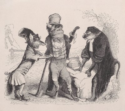 الذئب يتوسل ضد الثعلب ، أمام القرد ، كاليفورنيا. 1838. بواسطة جان إغنايس إيسيدور جيرار
