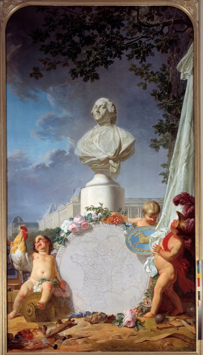 علمي أوروبا التمثيل الرمزي لمجد فرنسا ، تمثال نصفي لويس السادس عشر (1754-1793) يهيمن على خريطة للممتلكات الفرنسية ، الديك ، الملائكة ورموز الفنون والعلوم. لوحة جان جاك باشيلييه (1724-1806) 1762 فرساي بواسطة جان جاك باشيلير