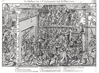 مذبحة السكان البروتستانت من قبل قوات دوك دي جويز في واسي سور بليز ، 1 مارس 1562 ، نقشها جاك تورتوريل (1568-92) بواسطة جان جاك بيريسين