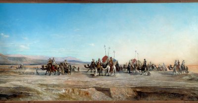 أبحث عن قوافل تخييم للبدو والجمال في الصحراء. رسم جان جوزيف بيلل (1816-1898) مونبلييه القرن التاسع عشر ، متحف فابر - يبحث عن معسكر. قوافل البدو والجمال في الصحراء. رسم جان جوزيف بيلل (1816-1898) بواسطة جان جوزيف بيلل