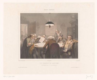 سبعة رجال يقرؤون على طاولة Le Cabinet de Lecture / نادي القراءة / Das lesec Cabinet (العنوان على الكائن) تصوير الأنشطة الخاصة (عنوان السلسلة) Musée omnibus (عنوان السلسلة على الكائن) بواسطة فرانسوا لويس كاتير