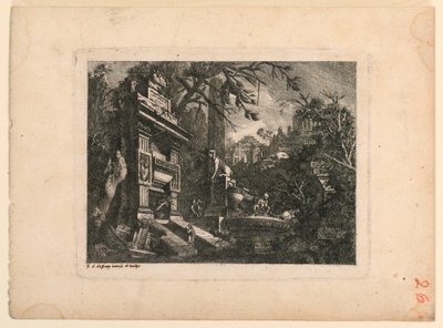 الخيال المعماري مع القبر والآثار ، لوحة من "Ruins Inventione de Giovan. Loren ، Legeay Architet. منحوت بنفسه في لوس 1768" بواسطة جان لوران ليجاي