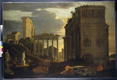 Capriccio view with figures by a triumphal arch and the Temples of Saturn and Jupiter Tonans (oil on canvas) بواسطة جان لومير