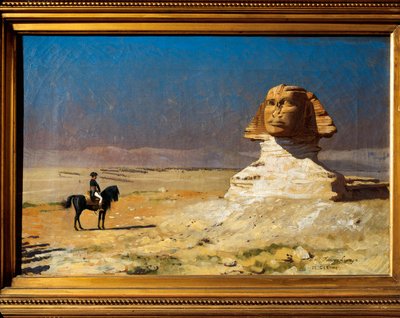 الجنرال نابليون بونابرت (1769-1821) أمام تمثال أبو الهول بالجيزة في مصر أثناء الحملة المصرية (1798-1801) بواسطة جان ليون جيروم