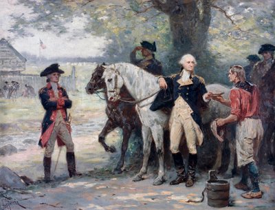 حرب الاستقلال الأمريكية (1775-1783): جورج واشنطن (1732-1789) في منتصف الطريق إلى بروك، بالقرب من المعسكر العسكري للجيش القاري، شاب يجلب له شرابًا - لوحة لجين ليون جيروم فيريس (1863-1930) بواسطة جان ليون جيروم