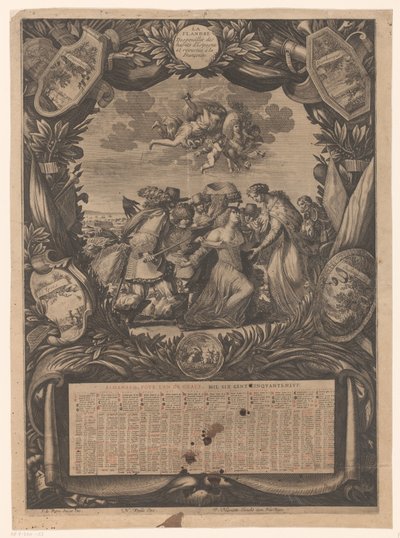 التقويم لعام 1659: رمزية على تقديم فلاندرز إلى لويس الرابع عشر التقويم لعام 1659: رمزية استسلام فلاندرز إلى لويس الرابع عشر Almanach ، صب l