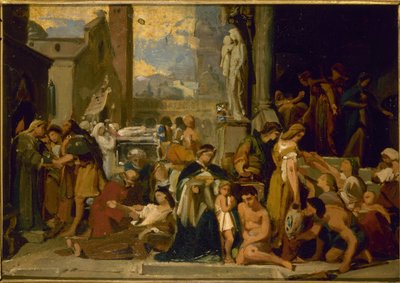 رسم تخطيطي لكنيسة القديسة إليزابيث: أعمال الرحمة السبعة، قبل عام 1848 (زيت) بواسطة جان لويس بيزارد