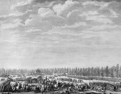 الثورة الفرنسية: قام جيلبرت دو موتير ، ماركيز دو لا فاييت (1757-1834) بنزع سلاح مائتي جندي بسبب عدم الانضباط في الشانزليزيه في باريس في 12 يناير 1790. نقش لبيرثاوت بعد بريور. باريس ، مكتبة معهد تاريخ ر بواسطة جان لويس الثاني (بعد) بريور
