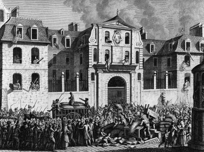 الثورة الفرنسية: نهب الثوار منزل القديس لازار في باريس يوم الاثنين 13 يوليو 1789. نقش بيرثوت بعد بريور. باريس ، مكتبة معهد تاريخ الثورة بواسطة جان لويس الثاني (بعد) بريور