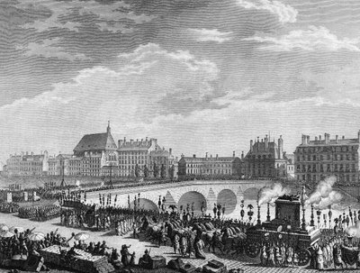 الثورة الفرنسية: انتصار فرانسوا ماري أرويت ديت فولتير (1694-1778) في 11 يوليو 1791 (خزان المرح من بقايا فولتير يمر على الجسر الملكي). نقش بيرثوت بعد بريور. باريس ، مكتبة معهد تاريخ بواسطة جان لويس الثاني (بعد) بريور