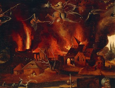 إغراء القديس أنطونيوس ، تفاصيل تظهر المدينة في النيران والشياطين ، بواسطة جان ماندين (1500-1560). بواسطة جان ماندين