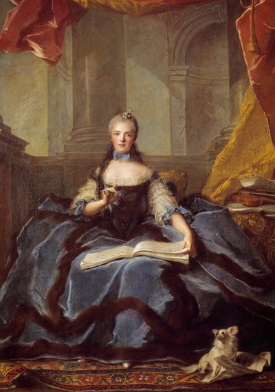 Portrait of Marie Adelaide of France known as Madame Adelaide (1732-1799), daughter of Louis XV the Bien Aime and Marie Leszczynska represented in 1758, in court dress, holding a book of music Painting by Jean Marc (Jean-Marc) Nattier (1685-1766) 1758 بواسطة جان مارك ناتييه