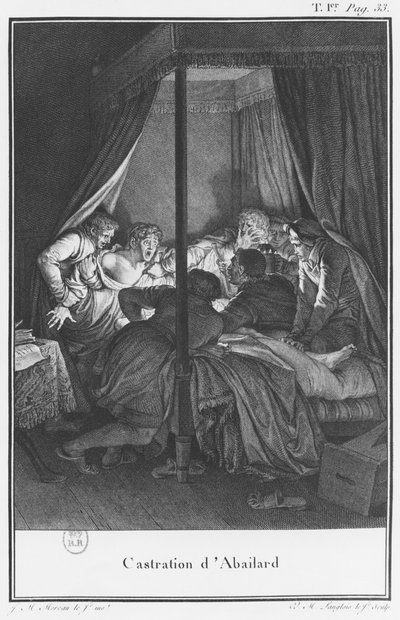 Castrating Abelard ، رسم توضيحي من "Lettres d&39;Heloise et d&39;Abelard" ، المجلد الأول ، الصفحة 33 ، منقوش بواسطة فنسنت ماري لانجلوا الأصغر (م 1786) بواسطة جان ميشيل الأصغر مورو