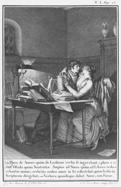 Heloise and Abelard في دراستهما ، توضيح من "Lettres d&39;Heloise et d&39;Abelard" ، المجلد الأول ، الصفحة 25 ، محفورة بواسطة نويل لو مير (1724-1800) 1795 بواسطة جان ميشيل الأصغر مورو