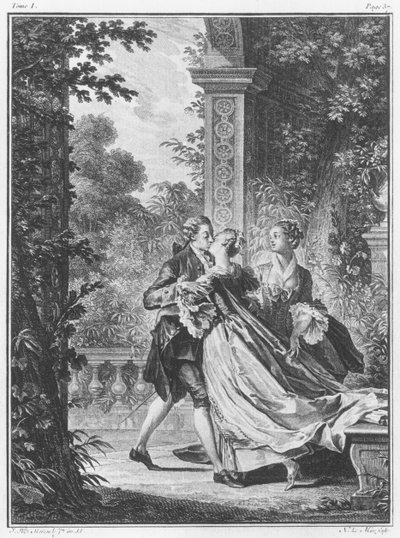 قبلة الحب الأولى ، المجلد الأول ، الصفحة 37 ، رسم توضيحي من "La Nouvelle Heloise" لجان جاك روسو (1712-1778) منقوش بواسطة نويل لو مير (1724-1800) بواسطة جان ميشيل الأصغر مورو