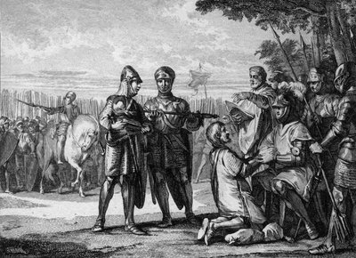 معركة تيرتري ، 687: الفائز من جيش نيوستريا ، بيبين جون أو هيرستال (حوالي 653-714) ، أمير أستراسيا ، يعترف بسلطة ملك نيوستريا تييري الثالث (657-691). نقش جان ميشيل مورو ، في Moreau le Jeune (1741- 181 بواسطة جان ميشيل الأصغر مورو