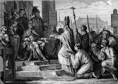 شارلمان (747-814) ، ملك الفرنجة ، يستلم تاج لومباردي الحديدي من يدي عشية ميلانو ، 774. نقش جان ميشيل مورو ، ديت مورو لو جون (1741 - 1814) بواسطة جان ميشيل الأصغر مورو