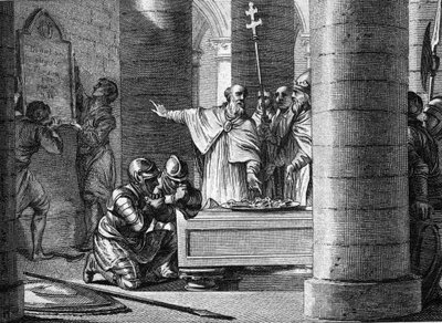 قدم فولراد (فولراد) ، القسيس العظيم لبيبين الموجز ، للبابا ستيفن الثاني مفاتيح خمسة عشر مدينة مأخوذة من اللومبارد والتي من شأنها أن تشكل أساس الدولة البابوية (755). على ركبتيهما ، ابنا بيبين لو بريف: تشارلز وكارلوما بواسطة جان ميشيل الأصغر مورو