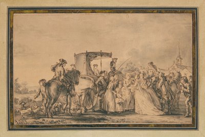 ماري أنطوانيت ، تخرج من عربتها وتحيط بها موكبها ، تريح الفلاح ، 1773 بواسطة جان ميشيل الأصغر مورو
