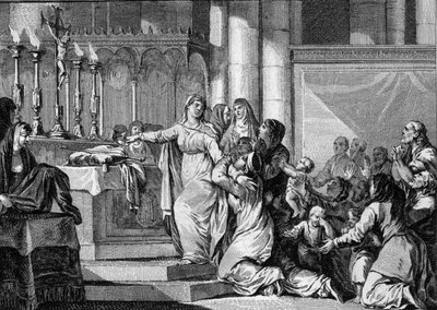 قررت Sainte Bathilde (أو Batilde ، Bathylle ، Beaudour) (626-680) ، ملكة الفرنجة وأرملة Clovis II ، أخذ الحجاب في دير Chelles في عام 665. حاول رعاياه منعه. نقش جان ميشيل مورو ، ديت مورو لو جون (1741-1 بواسطة جان ميشيل الأصغر مورو