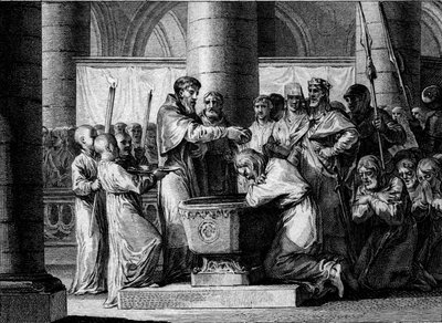 الحرب ضد الساكسونيين ، 785: معمودية Witikin من ساكسونيا (أو Widukind ، Wittekind). وافق زعيم السكسونيين ، الذي تعرض للضرب على يد جيش شارلمان ، على التحول إلى الكاثوليكية. نقش جان ميشيل مورو ، ديت مورو لو جون (1741-1814) بواسطة جان ميشيل الأصغر مورو