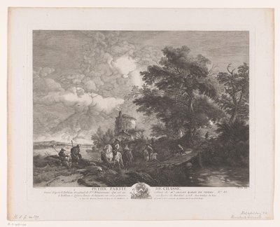 شركة صيد في منظر طبيعي به جسر Petite Partie de Chasse (العنوان على الكائن) يطبع بعد اللوحات بواسطة Philips Wouwerman (عنوان السلسلة) أعمال Ph.pe Wouwermans Hollandois (عنوان السلسلة) بواسطة جان مويرو
