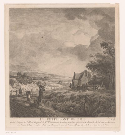 منظر طبيعي مع منزل على طول مسار فوق جسر Le petit pont de bois (العنوان على الكائن) يطبع بعد اللوحات بواسطة Philips Wouwerman (عنوان السلسلة) أعمال Ph.pe Wouwermans Hollandois (عنوان السلسلة) بواسطة جان مويرو