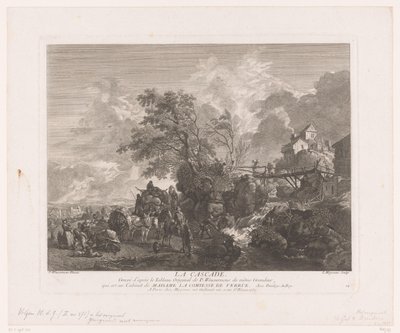منظر طبيعي مع مسافرين عند شلال لا تتالي (العنوان على الكائن) يطبع بعد اللوحات بواسطة Philips Wouwerman (عنوان السلسلة) أعمال Ph.pe Wouwermans Hollandois (عنوان السلسلة) بواسطة جان مويرو