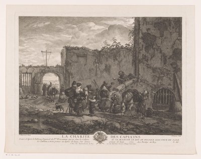 الرهبان يوزعون الطعام على الحجاج في باحة La Charité des Capucins (العنوان على الكائن) يطبع بعد اللوحات بواسطة Philips Wouwerman (عنوان السلسلة) أعمال Ph.pe Wouwermans Hollandois (عنوان السلسلة) بواسطة جان مويرو